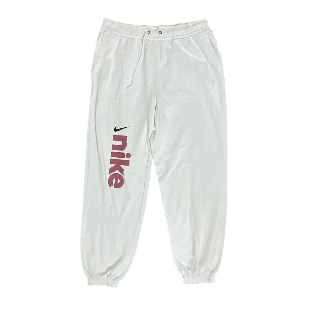 Nike White Sweatpants M Joggers Pink Logo Elastic Waist